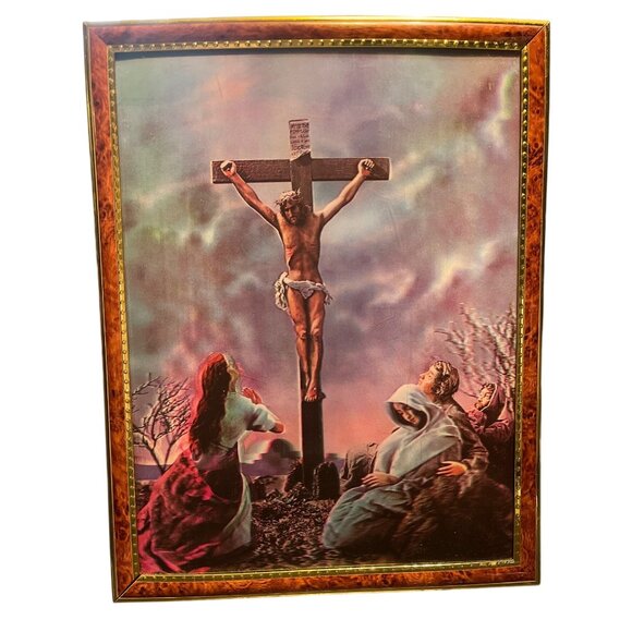 Vtg Toppan Crucifixion 3D Holographic Lenticular Lentograph Framed Wall Art - Picture 1 of 8